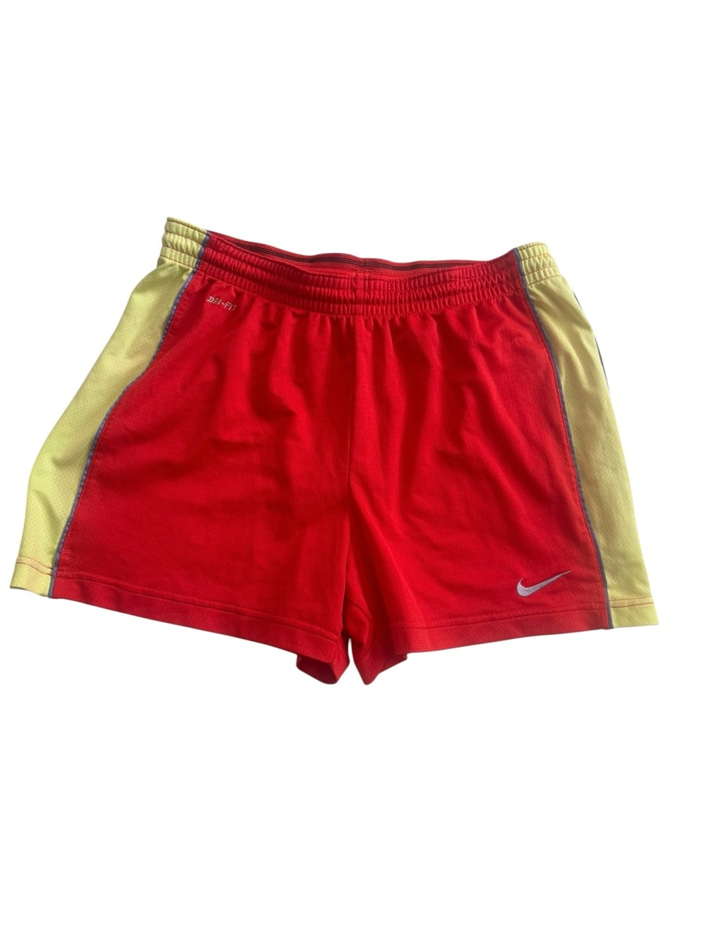 Nike Women's Red Athletic Shorts with Yellow Side Panels Sz M